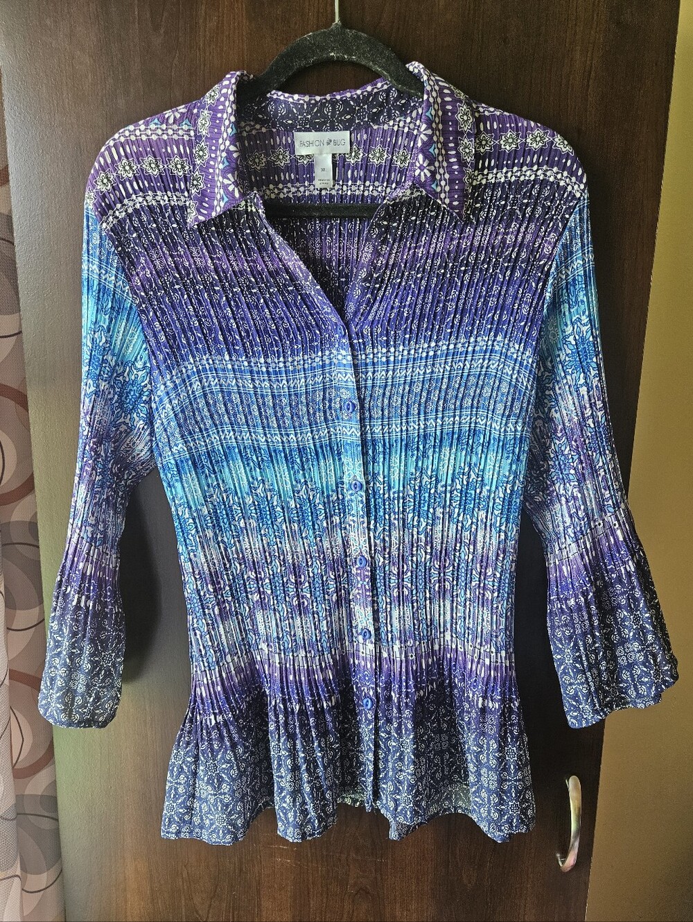 Fashion Bug Blue and Purple Patterned Button-Front Blouse Size XL